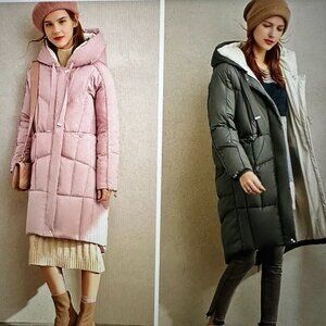 Women's white duck down, warm, elegant, quilted coat with a hood, powder pink